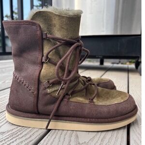 Ugg Lodge Sheepskin Lined Leather Boots Booties Women's 6 Lace Up Brown